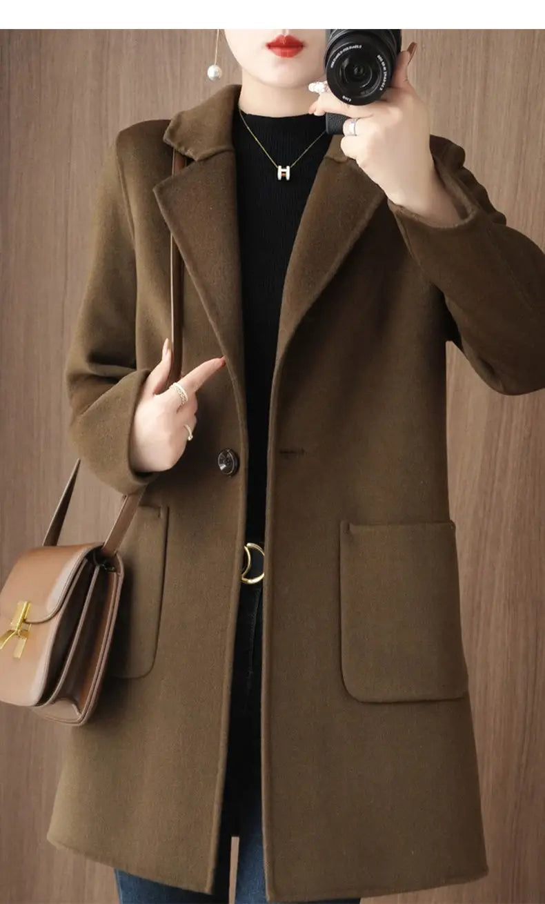 100% Pure Wool Double-Sided Cashmere Jacket Women Overcoat  Autumn Winter New Mid-Length One-Button Slim Wool Windbreakers coat