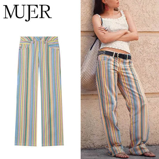 MUJER Striped Women's Jeans Pants Low Rise Baggy Pants Jeans Women Fashion Summer Denim Trousers Women Wide Leg Pants for Women