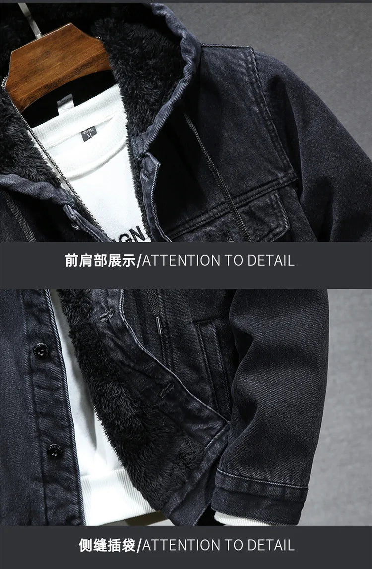 Thicker Winter Jacket Men Warmer Hooded Denim Lambswool Hooded and Padded Denim Jacket Imitation Lamb Wool Fleece Mens Clothes