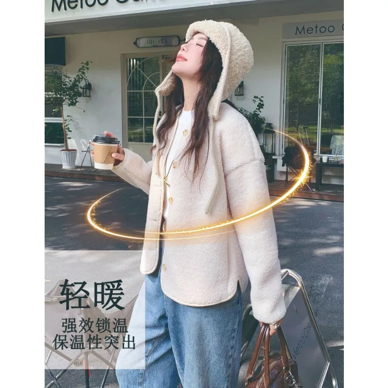 Round Neck Imitation Cashmere Jacket for Women Autumn Winter New Polar Fleece Casual Cardigan Long-sleeved Loose Top