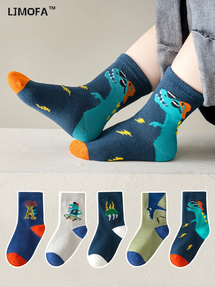 LJMOFA 5 Pairs Cotton Kids Socks Dinosaur Cartoon Cute Toddler Girls Socks Casual Sport Boys Socks Warm Socks For Baby C159