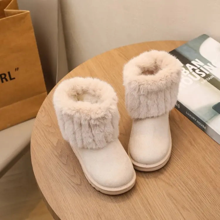 2025 Winter Classic Children Furry Snow Boots Beige Outdoor Girls Fashion Ankle Cotton Boots Warm Soft Kids Causal Ankle Boots