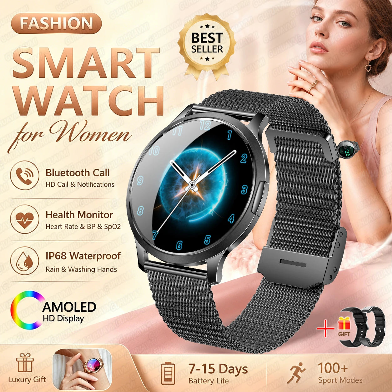 2026New Smart Watch 1.32”AMOLED Ultra-thin Display 100+Sports modes Blood Pressure Waterproof Bluetooth call Bracelet Women Gift