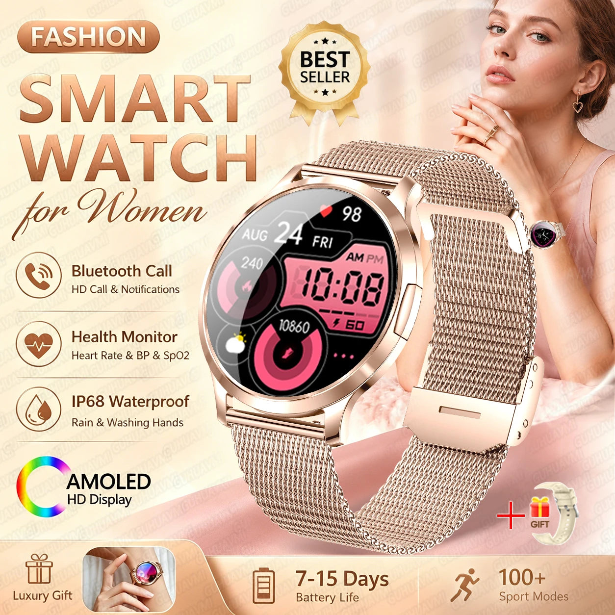 2026New Smart Watch 1.32”AMOLED Ultra-thin Display 100+Sports modes Blood Pressure Waterproof Bluetooth call Bracelet Women Gift