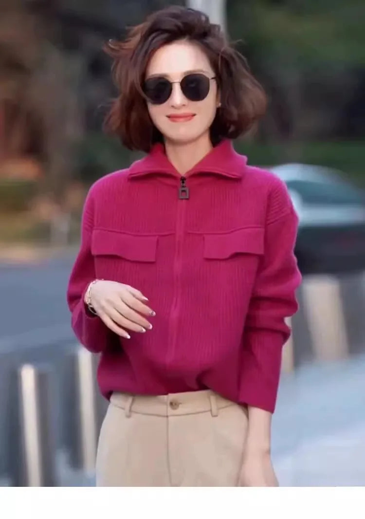 New 100% pure cashmere cardigan in autumn and winter women's POLO collar cashmere rose red coat knitted hooded sweater