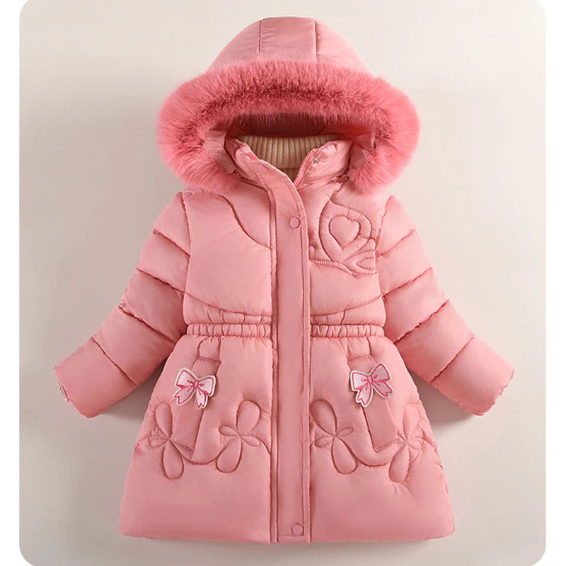 2025 Winter New Girls Jacket Long Solid Color Lining Berber Fleece Thick Warm Hooded Parka For 4-10Y Girls Bow Fashion Snowsuit