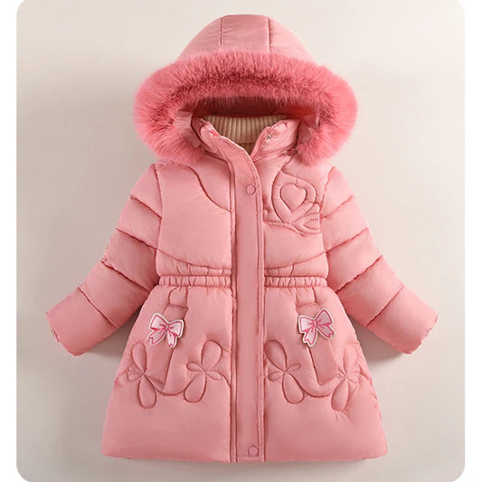 2025 Winter New Girls Jacket Long Solid Color Lining Berber Fleece Thick Warm Hooded Parka For 4-10Y Girls Bow Fashion Snowsuit