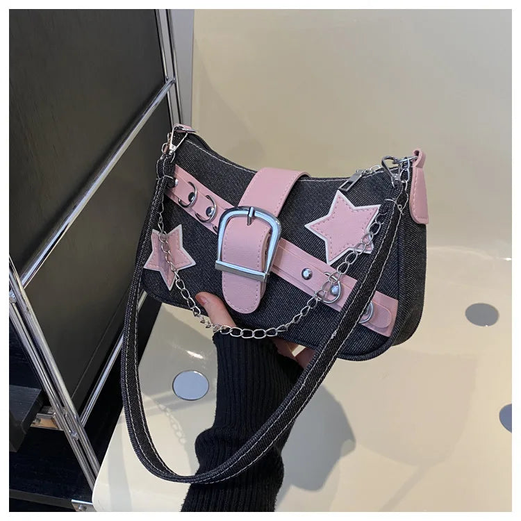 Y2k Hot Girls Denim Shoulder Bags Retro Rivet Star Women's Underarm Bag Portable Female Chain Armpit Bag Small Purse Handbags