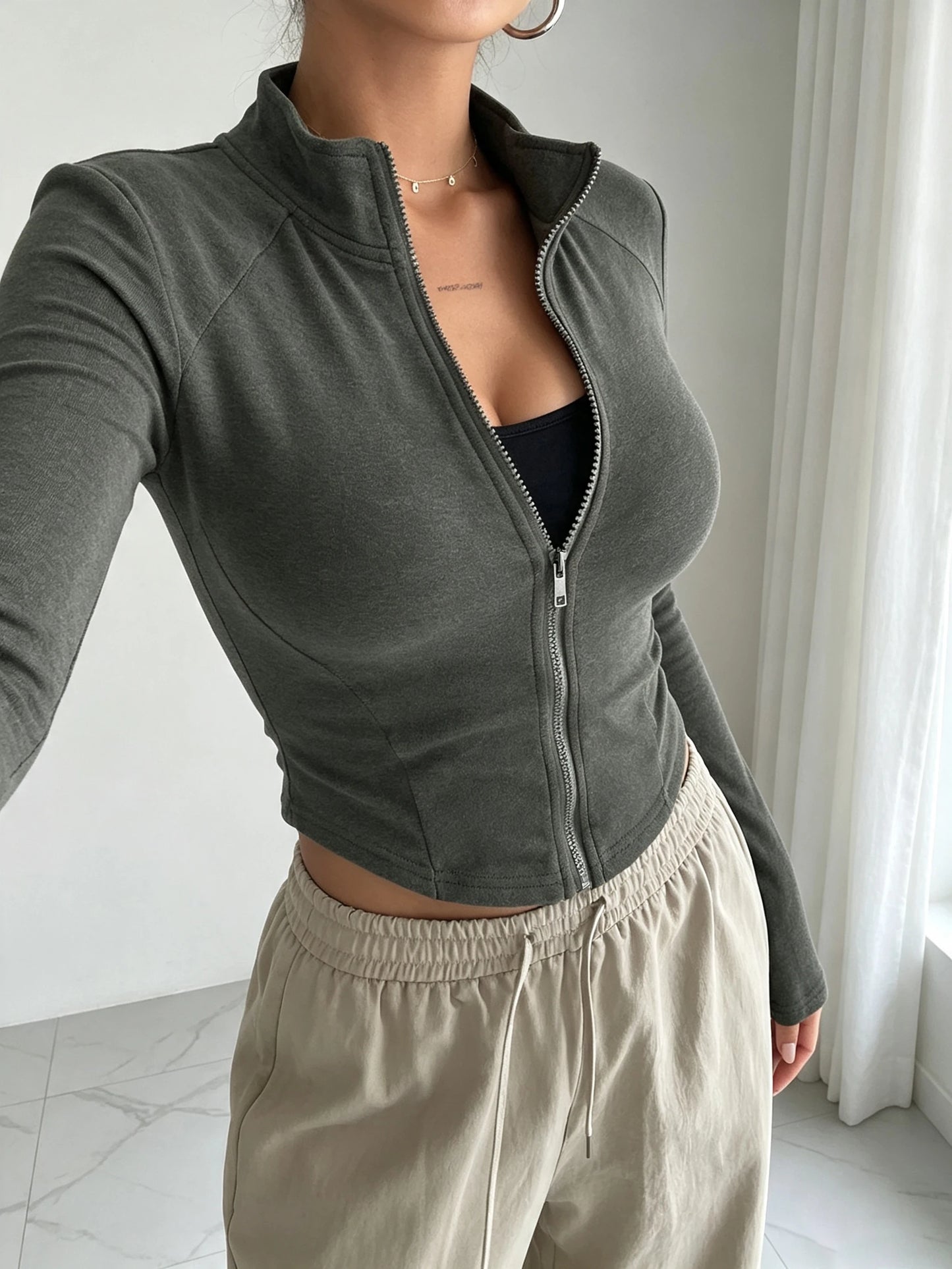 Women's Fall Winter Knit Zip Up Jacket Slim Fit Stand Collar Long Sleeve Versatile Casual Sporty Cardigan