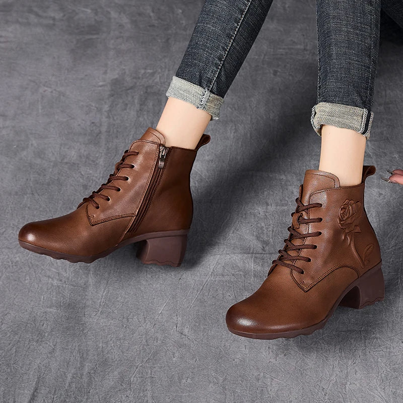 GKTINOO Spring Autumn Women Boots Genuine Leather High Heels Ankle Boots For Women Shoes Retro Handmade Zipper Short Boots