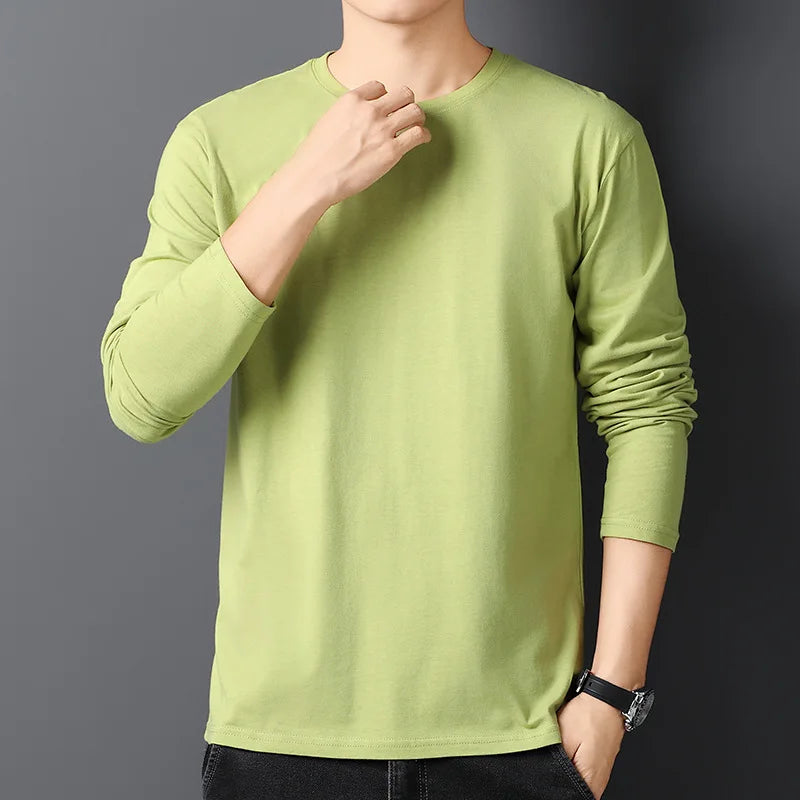 Spring Autumn 100% Cotton T-Shirts Men Solid Round Neck Long Sleeve Casual Tshirt Male Comfortable Breathable Korean Slim Tees