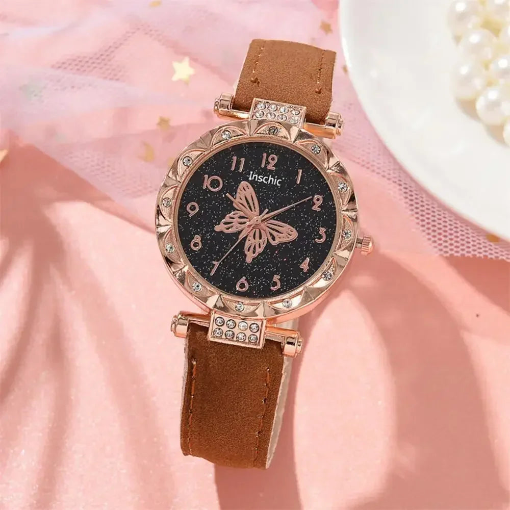 2PCS Set Creative Women Watch Quartz Butterfly Starry Wristwatches Luxury Rhinestone Watches for Ladies Relogios Feminino No Box