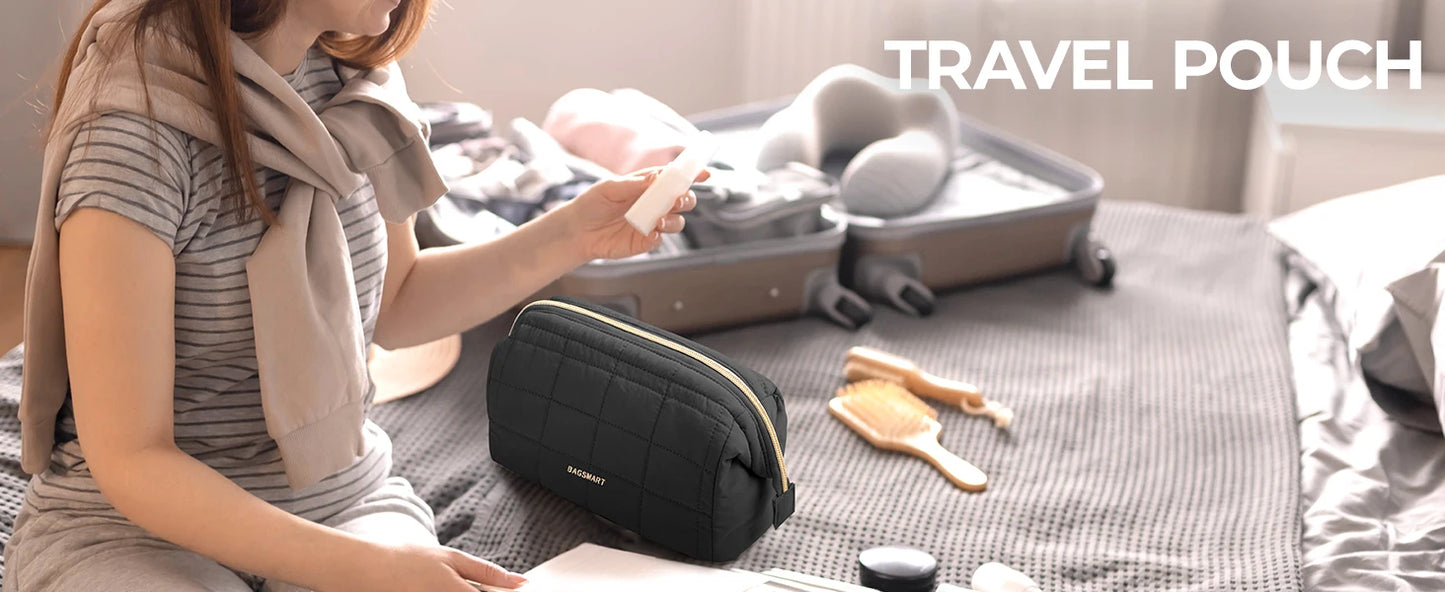 BAGSMART Makeup Bag Puffy Padded Make Up Bags for Women Makeup Organizer Case Wide-open Pouch Toiletry Bag Travel Essentials