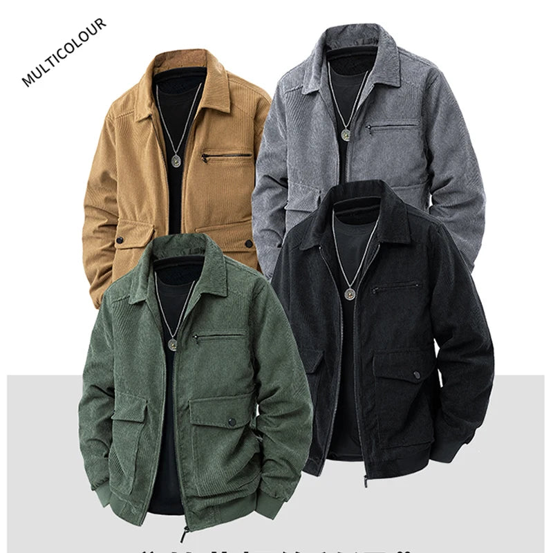Corduroy Jackets for Men Autumn Winter Windbreaker Solid Casual Cargo Jacket Multi Pockets Outwear Coat Fashion Utility Jacket