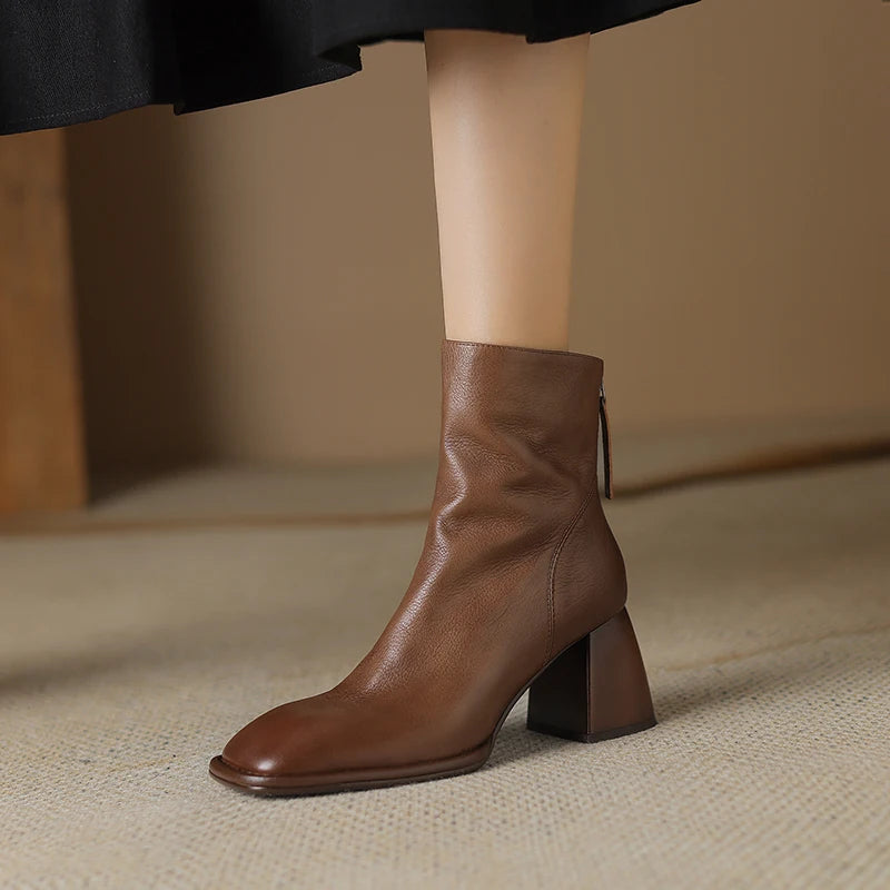 2024 Autumn/winter Women Boots High Heels Square Toe Short Boots Women Shoes Office Lady Gladiator Lady Shoes Genuine Leather