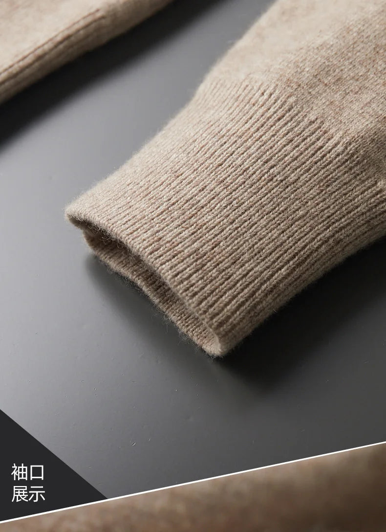 Men's Cardigan 100% Pure Cashmere Jacket Zippered Lapel Knit Sweater, Loose Thickened Long Sleeved Business Casual Autumn Winter