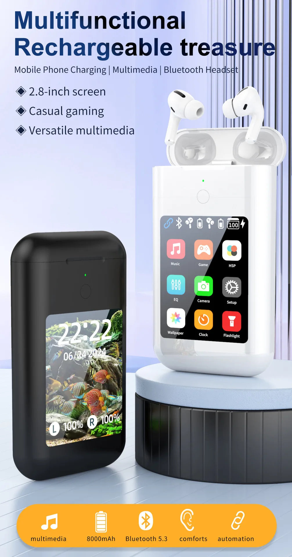 Wireless Bluetooth 5.2 Earphones 2.8-inch Multimedia Smart Touch Screen ANC Earbuds Flashlight 5000mah Power Bank Hiking Headset