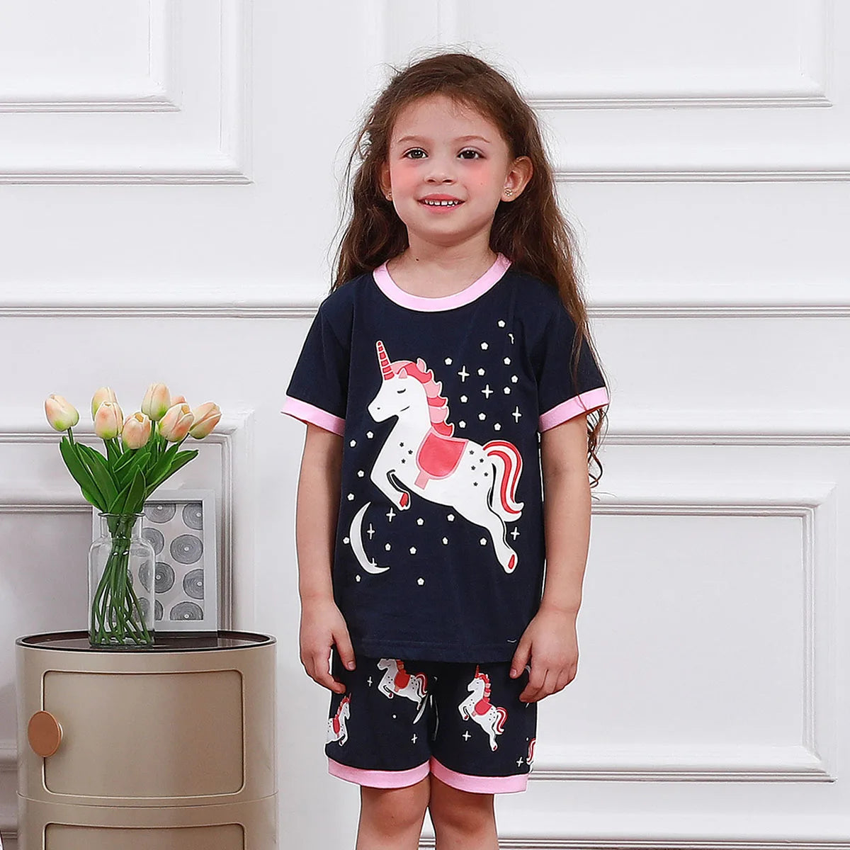 Kids Girls Unicorn Pajamas Set Toddler Summer Cotton Sleepwear Cartoon Birthdday Gift Short Sleeve Nightwear Clothes 3-10Y