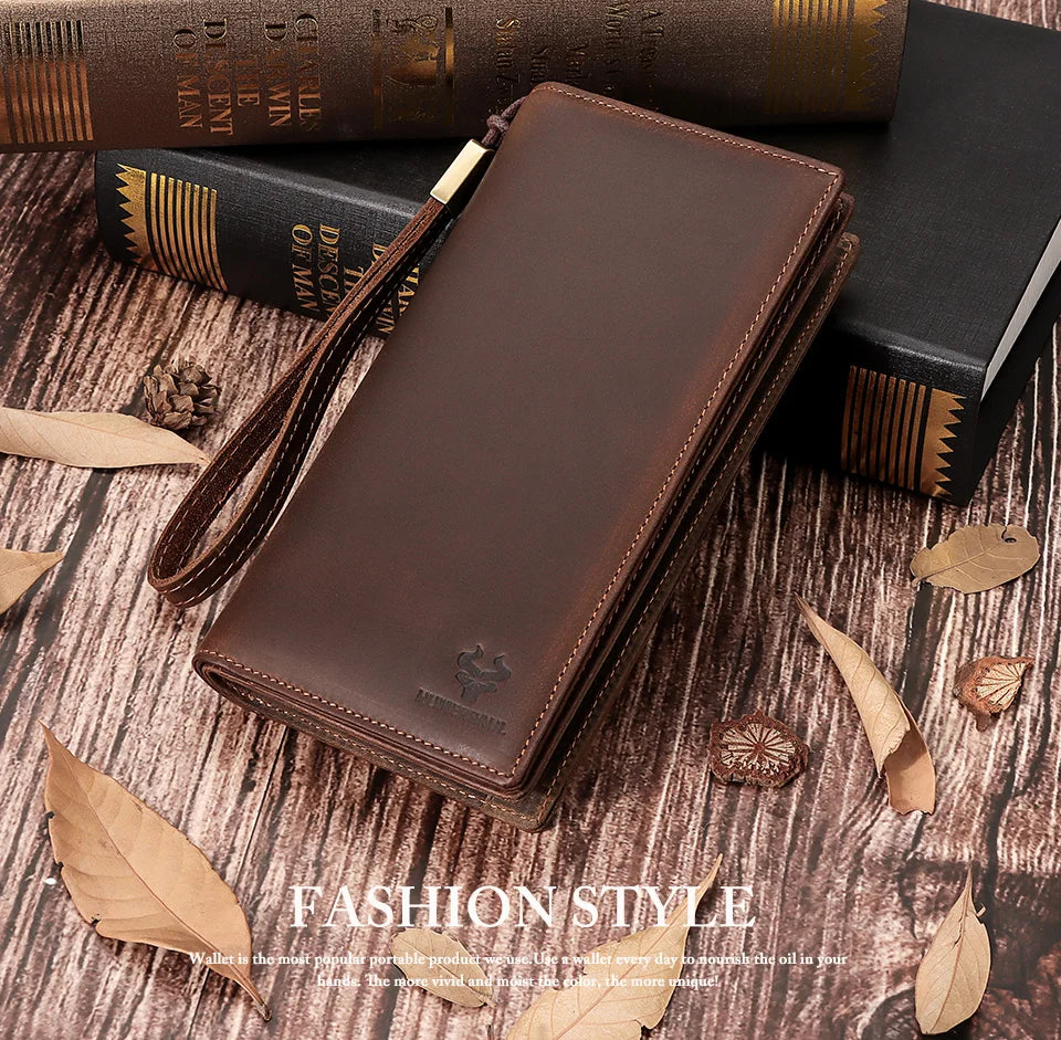 HUMERPAUL Full Grain Leather Wallet for Men Long Clutch with Cell Phone Pocket Multifunctional RFID Credit Card Holder Handbags