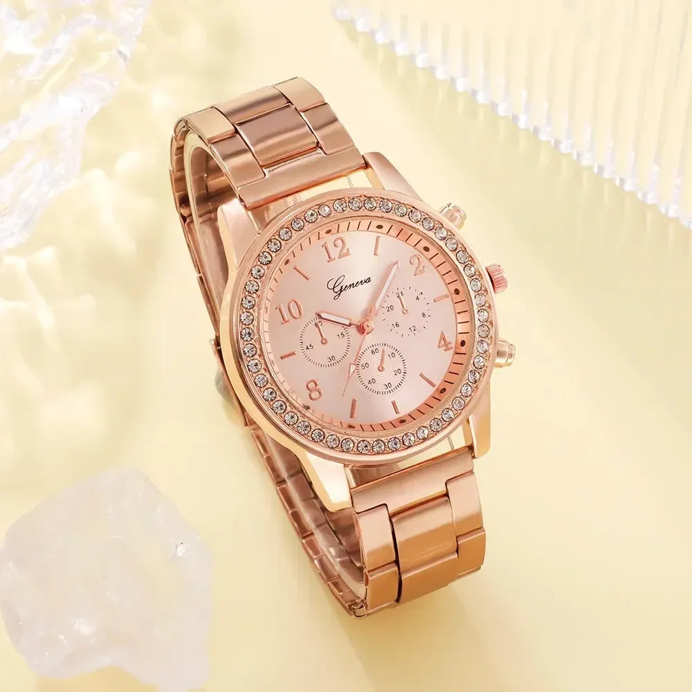 6PCS Set Fashion Wristwatch Casual Ladies Watches Bracelet Set Clock Luxury Watch Women Ring Necklace Earring Rhinestone