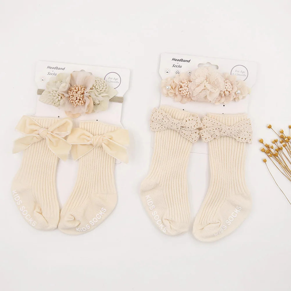 3Pcs/Set Ins Cream Color Latte Artificial Flower Headbands & Ribbed Short Socks Anti-Slip Cotton 0-12M Sockfor Infant Baby
