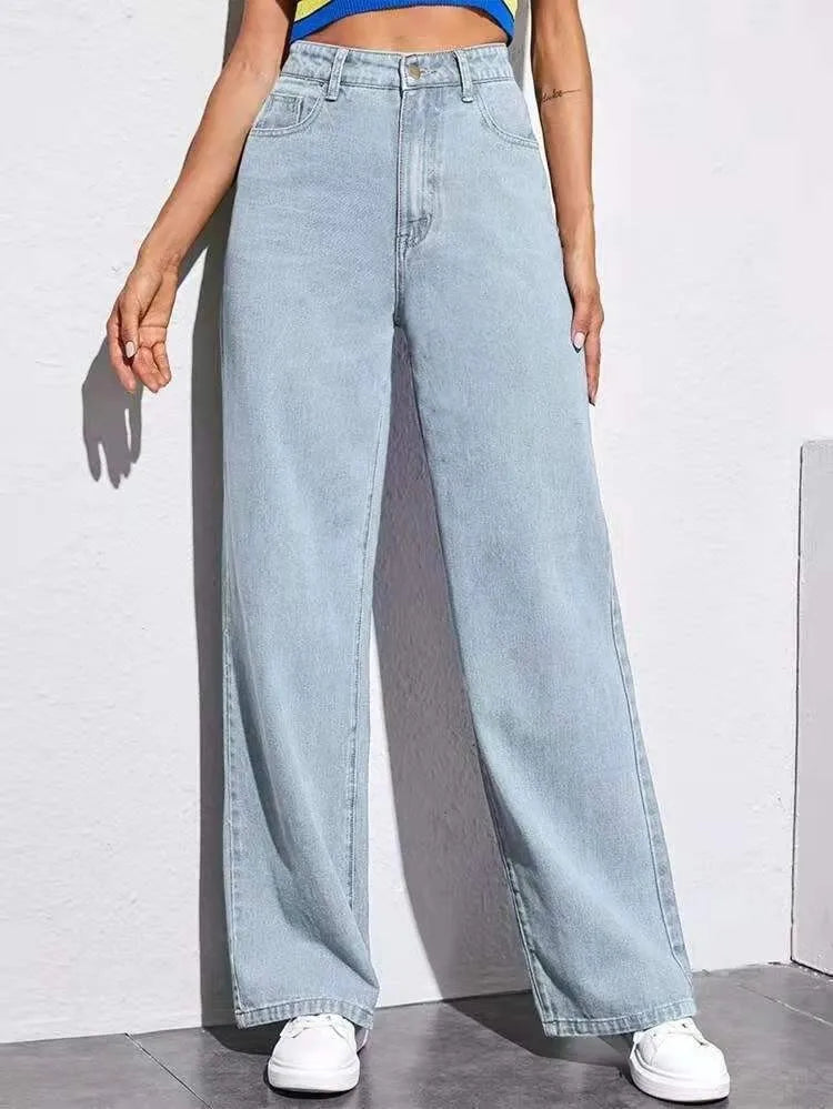 Fashionable Lady's Jeans - Summer High-Waisted Slim-Fitting Comfortable Solid-Color Women's Straight-Leg Long Pants