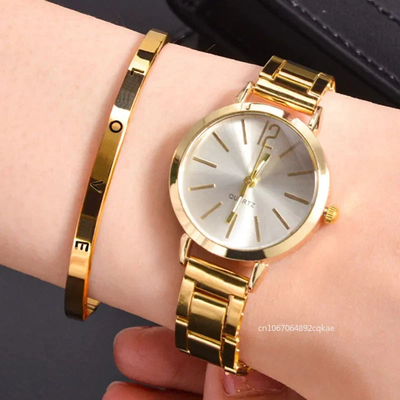 2024 Ladies Fashion Simple Digital Alloy with Quartz Watch Bracelet 2pcs Set Luxury Women Simple Dial Ladies Watches Reloj Mujer
