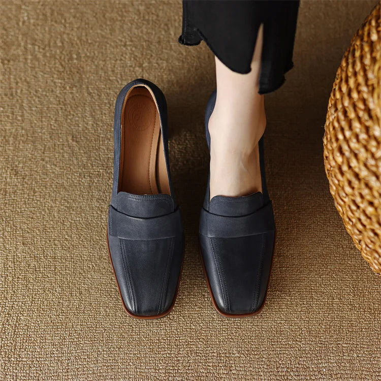 2024 Spring New GENUINE LEATHER Women Shoes LEISURE Women Slip-On Shallow Pumps Square Toe Heels Shoes Women Zapatos De Mujer