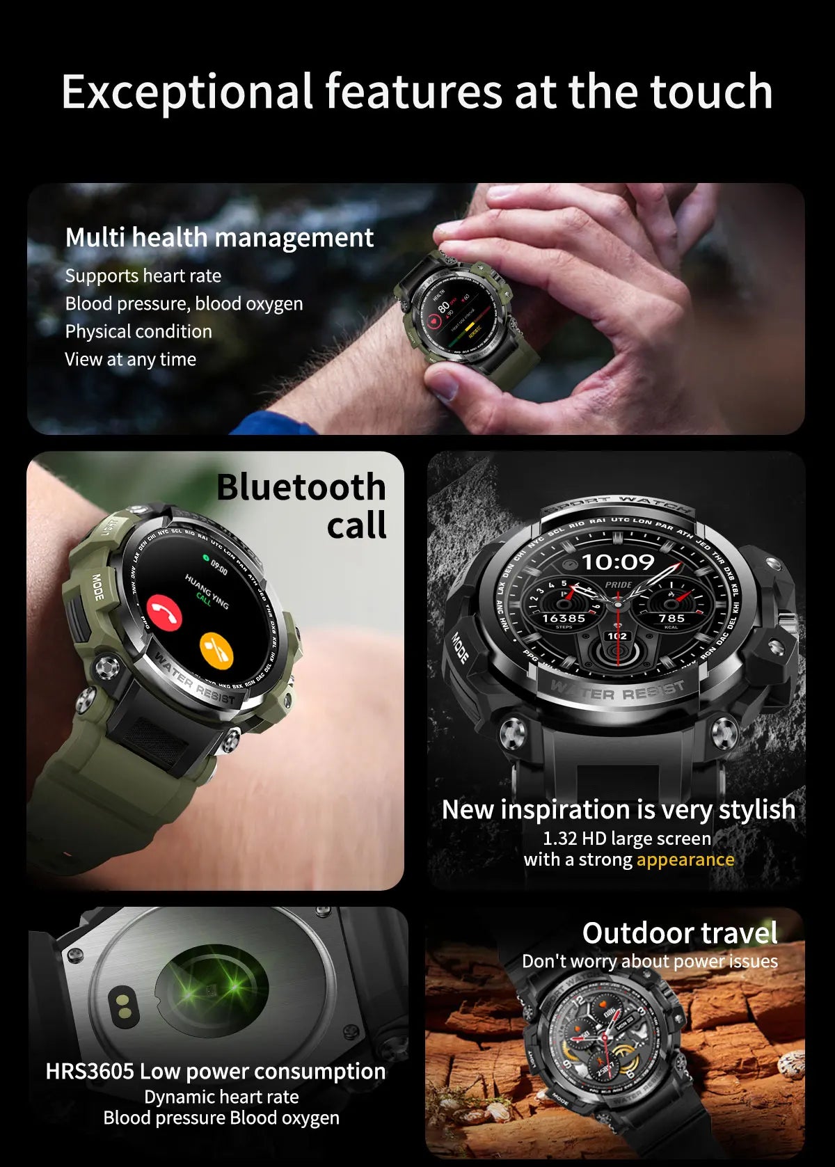 New Military Outdoor Sports Fitness Smart Watch For Men Bluetooth Call Fitness Tracker Health Monitoring Blood Oxygen Waterproof