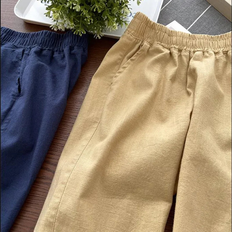 Casual Boys Pants Solid Color Cotton Linen Pants Summer Children Clothes 110-170cm