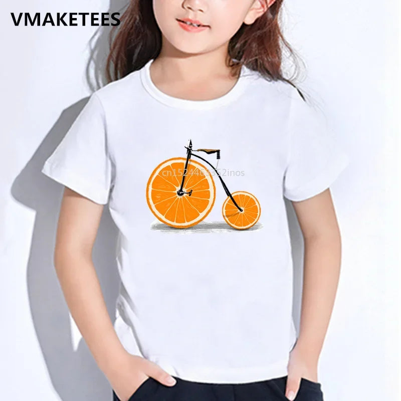 Kids Summer Short Sleeve Girls & Boys T shirts Lemon Bike Print Children's T-shirt Fruit Bicycle Funny Baby Clothes,HKP5178