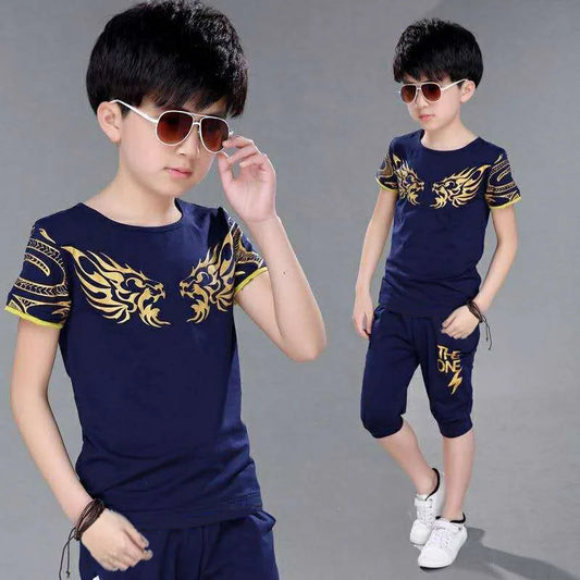 2024 New Boy Suit Summer Children's Clothing Cotton Casual T-shirt + Shorts 2 Piece Boys Set Dragon Pattern For 6 8 10 12 Years