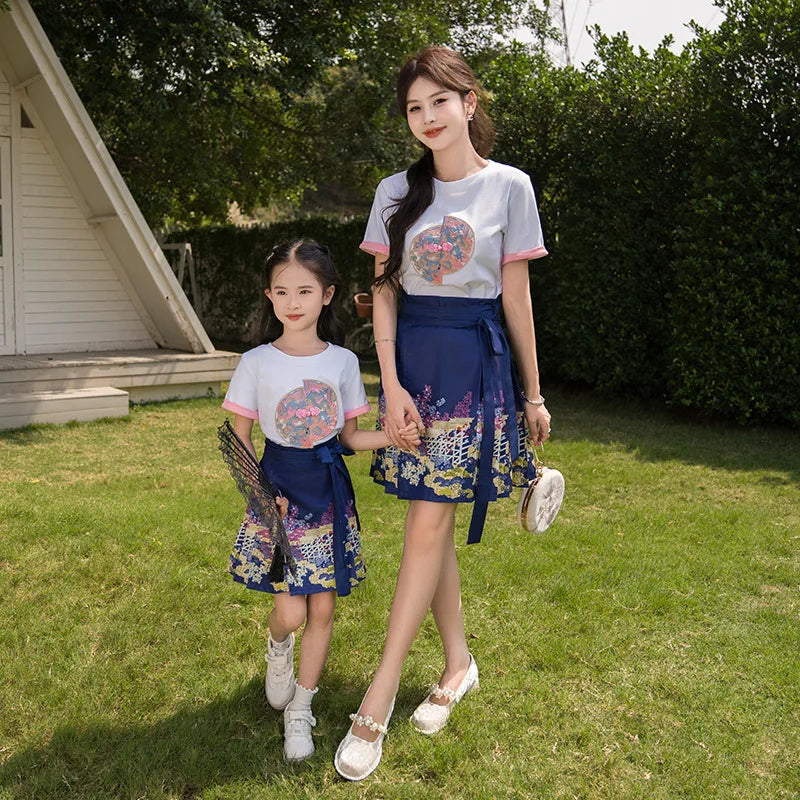 Chinese Hanfu Family Clothes Mom and Daughter Girls T Shirts+Horse-face Skirt Sets Traditional Dad Son Tee Shirts Shorts Outfits
