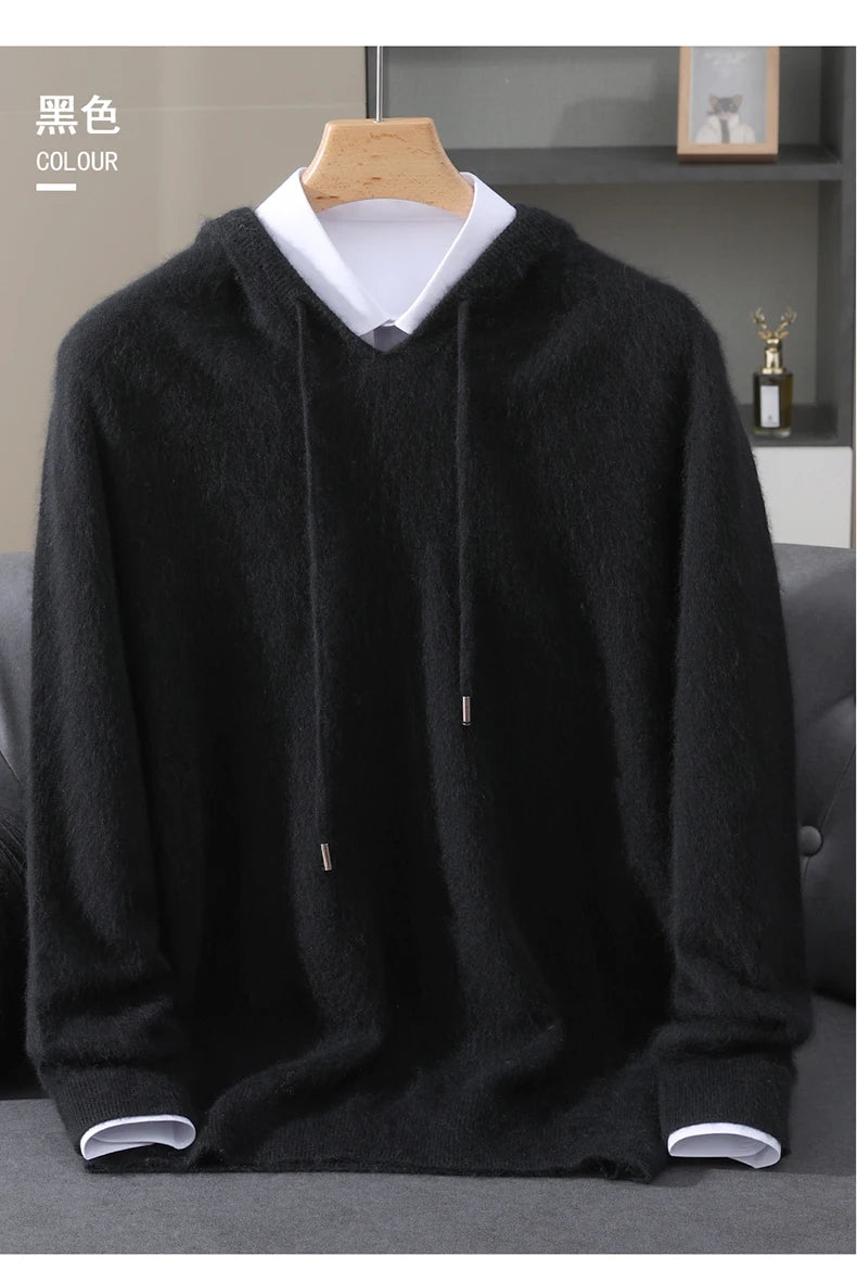 Men's Clothing: 100% Pure Mink Cashmere Knitted Sweater Casual And Loose Large-Sized Hooded Pullover Autumn Winter New Products