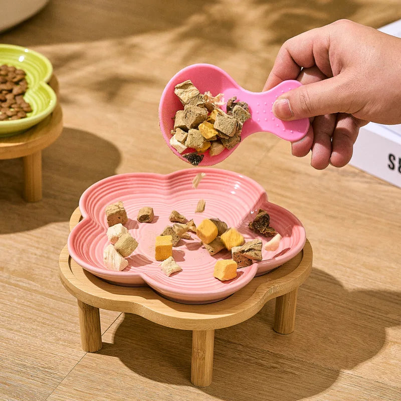 High Aesthetic Ceramic Pet Bowl with Wood Stand, Shallow Dish for Cat Snacks, Cute Bow Knot Pattern, Cat Food Dish,Home Kitchen