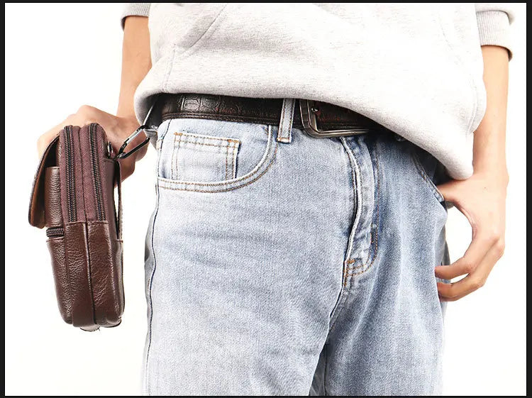 Men's Leather Waist Bag - Large Capacity Mobile Phone Belt Bag - Outdoor Work Backpack, Sports Hiking Bag Portable Crossbody Bag