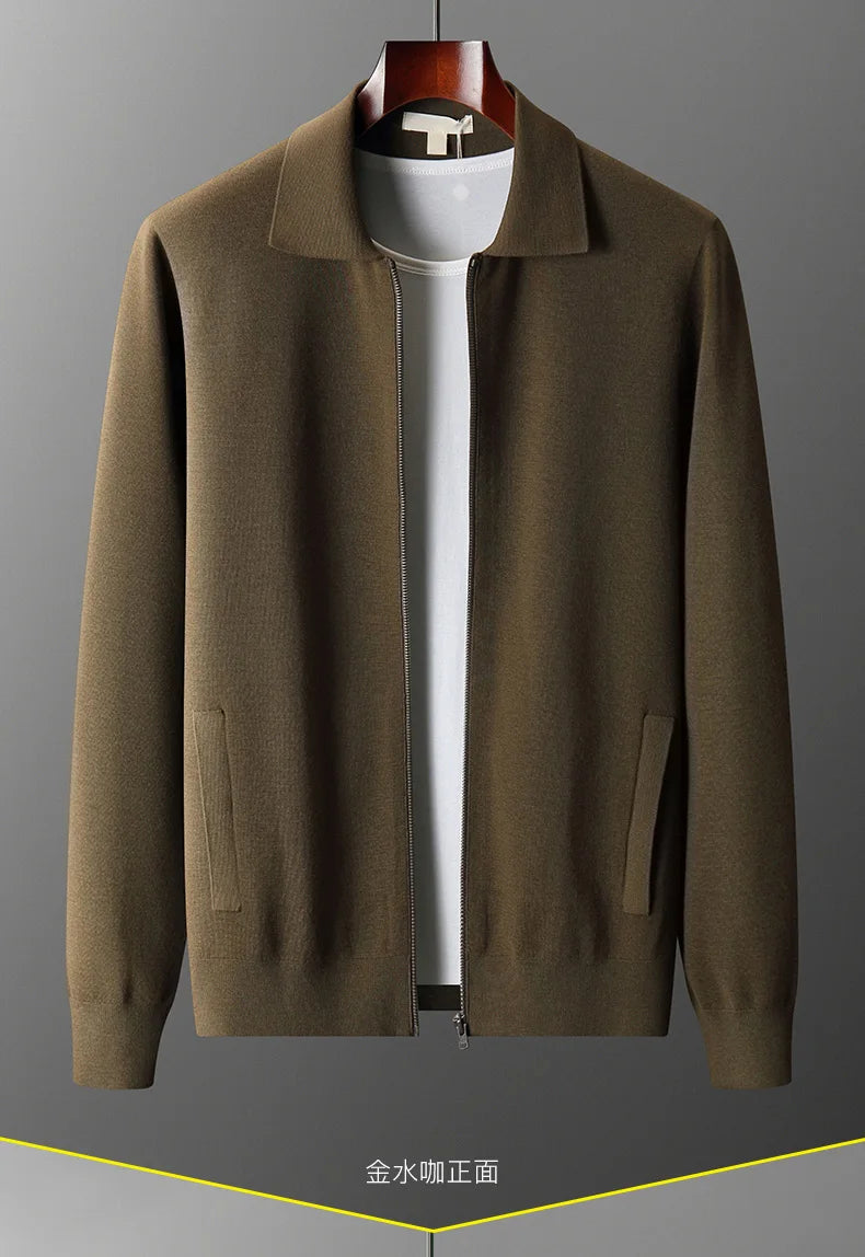 Men's Cardigan 100% Pure Cashmere Jacket Zippered Lapel Knit Sweater, Loose Thickened Long Sleeved Business Casual Autumn Winter