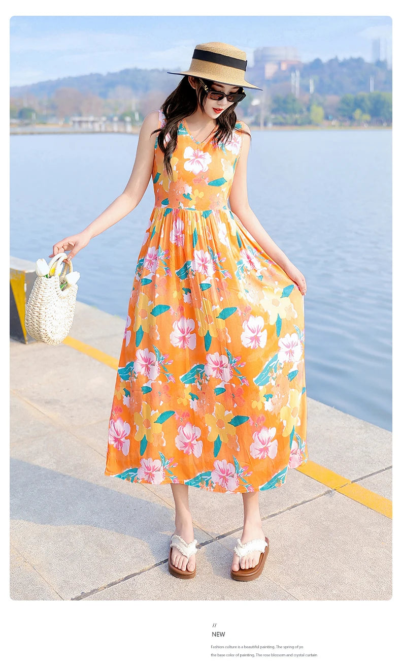 Spring Summer Dresses Fashion Female Sleeveless printed Casual Dress Women A-line Dresses Vestidos