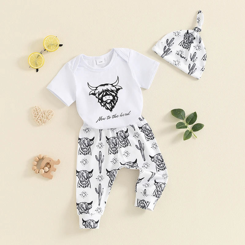Baby Boys Western Outfits New To The Herd Letter Bodysuit Long Leggings Cap 3pcs Newborn Baby Country Cowboy Clothes