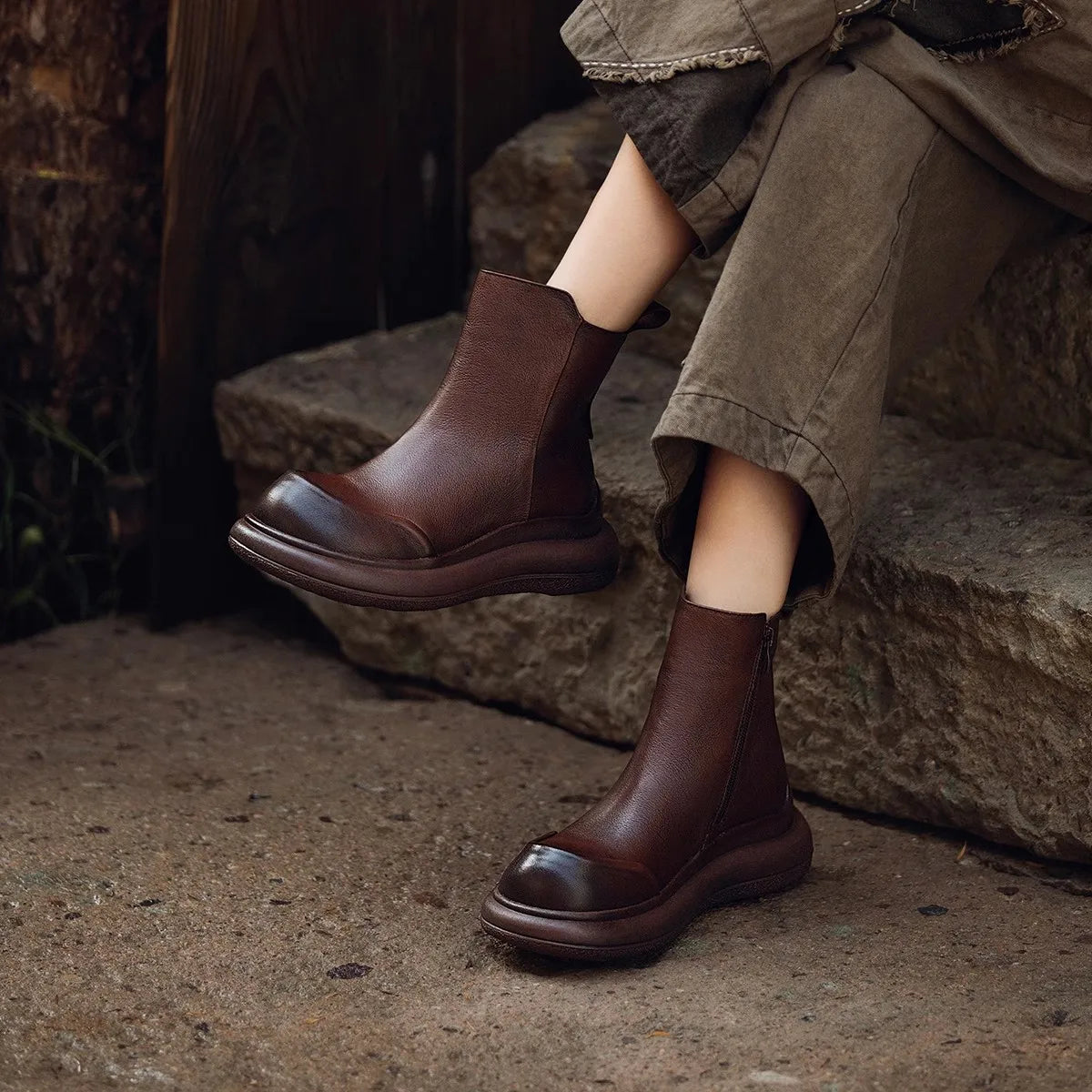 GKTINOO Genuine Leather Short Boots Women Shoes 2025 New Autumn Winter Round Toe Thick Soled Zip Handmade Platform Women Boots