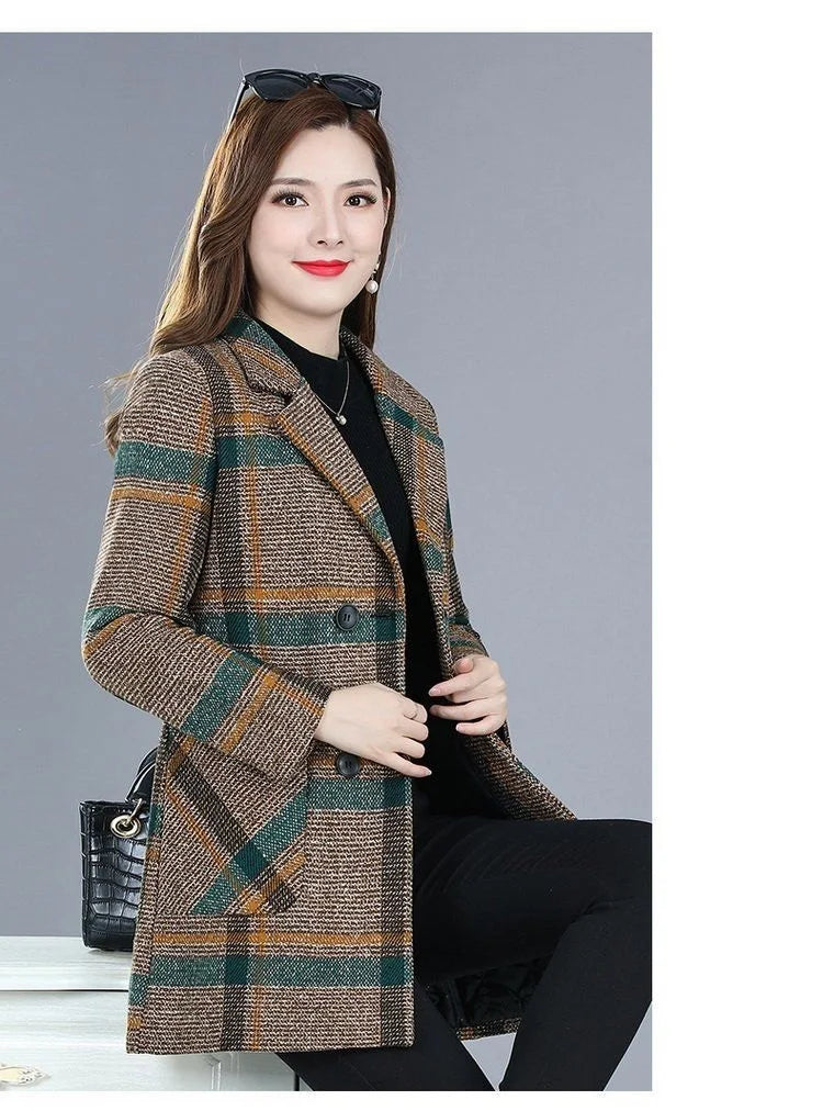 Mother's clothing Plaid Woolen Jacket 5xl Autumn Winter Female Thicken Slim Middle length Outwear Korea Women's Casual Wool Coat
