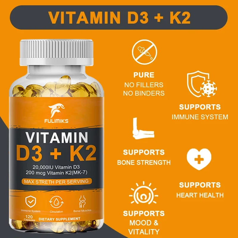 Vitamin D3 K2 Capsule - 20,000 IU Vitamin D3 Promotes Strong Bones, Calcium Absorption, Teeth, Heart, Cardiovascular Health
