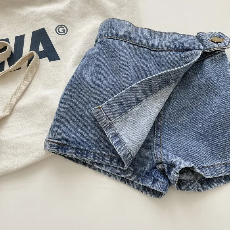 New Summer Kids Girl Shorts Solid Color Elastic Waist Button Soft Denim Culotte Children Versatile Clothing H5515