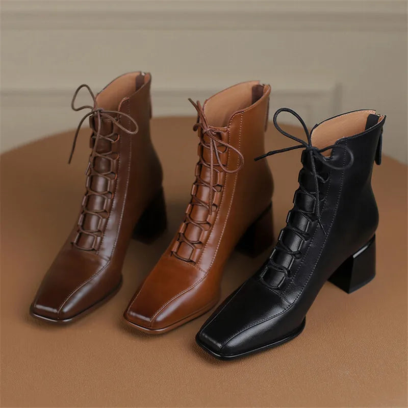 2022 Autumn Women Boots Square Toe Back Zipper Women Shoes Chunky Heels Shoes for Women High Heel Boots Vintage Leather Shoes