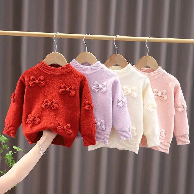 Suéter para niños, otoño e invierno, nuevo suéter de cuello redondo para niña, prendas de punto con lazo a la moda, prendas de vestir para bebé, Top