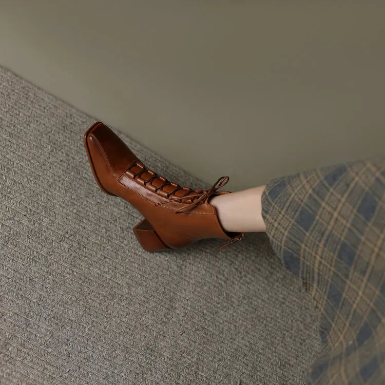 2022 Autumn Women Boots Square Toe Back Zipper Women Shoes Chunky Heels Shoes for Women High Heel Boots Vintage Leather Shoes