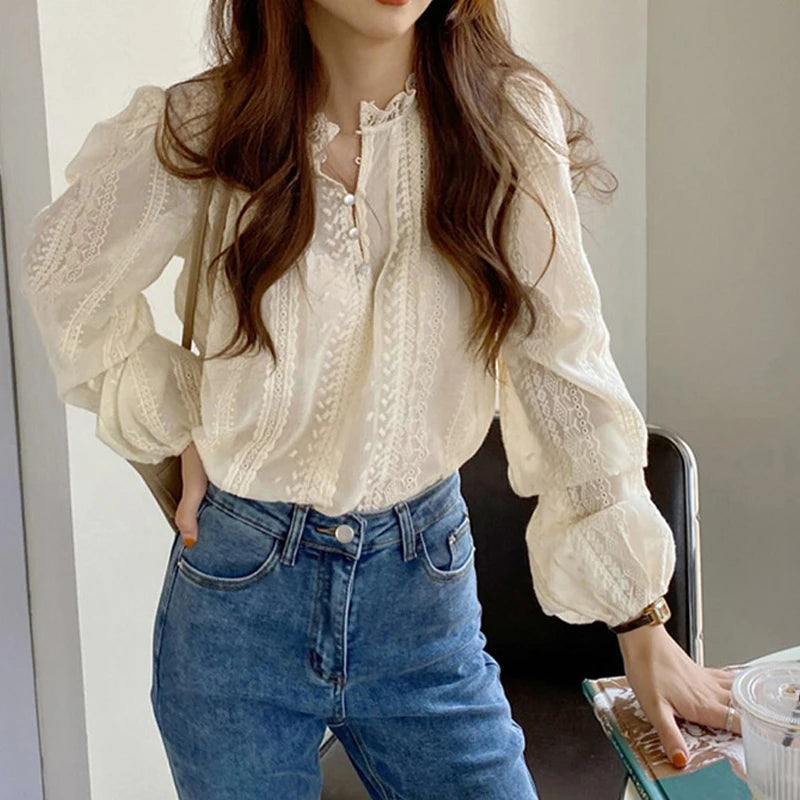 Elegant Lace Women Fashion Blouse New Spring Autumn Long Sleeve Casual Office Loose Shirt Ladies Stand Collar Simple Top Clothes