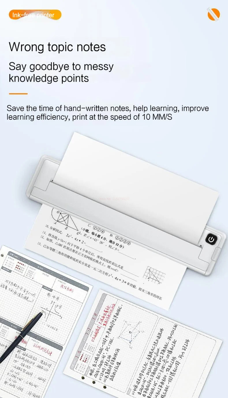 A4 Thermal Printer Small Home Office Bluetooth Wireless Handheld Portable Inkless Thermal Printing School Supplies for Topic