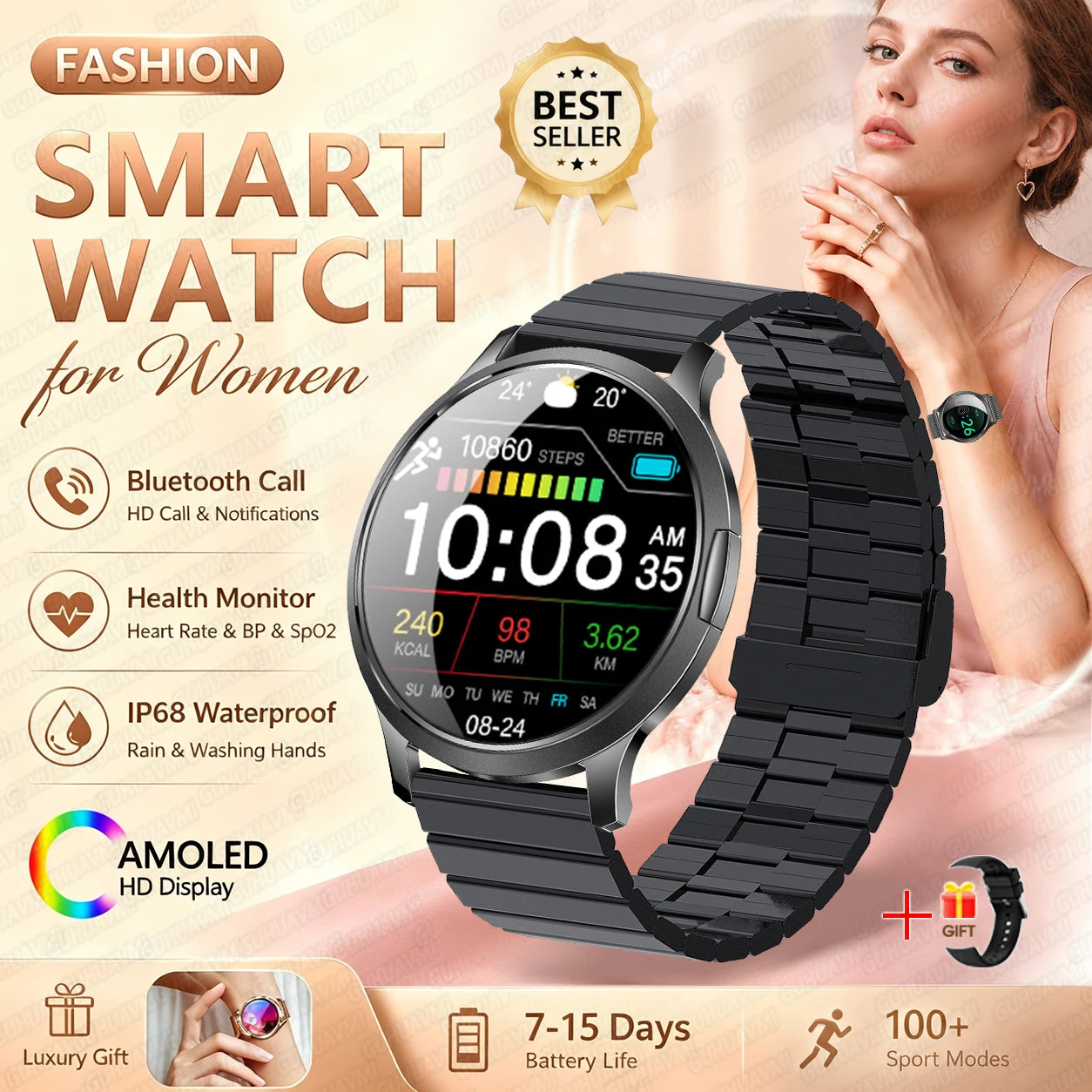 2026New Smart Watch 1.32”AMOLED Ultra-thin Display 100+Sports modes Blood Pressure Waterproof Bluetooth call Bracelet Women Gift