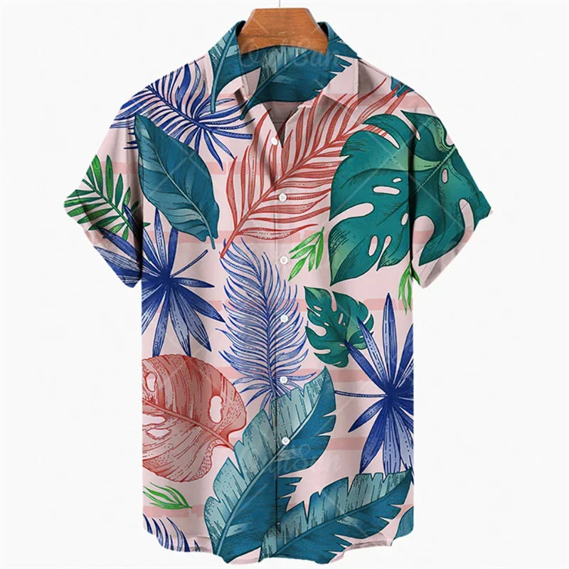 Summer Men's Leaves Elegant Floral Social Hawaiian Short Sleeve Oversized Casual Shirt Printing Vacation Style Harajuku Camisa